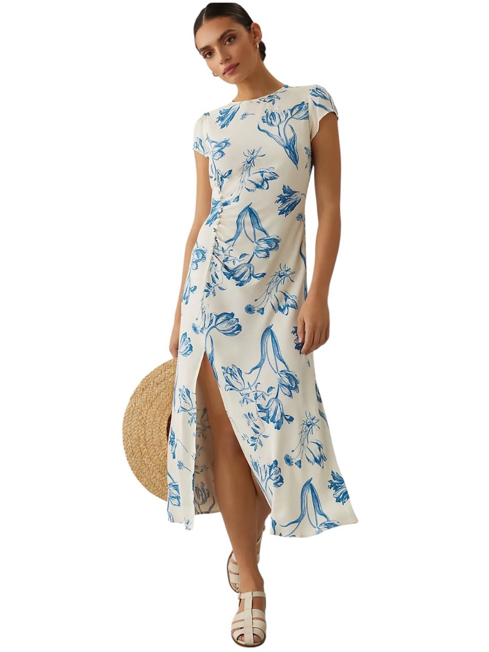 New Reformation Frasier Boat Neck Cap Sleeve Side slit Midi Dress in Lisse 14